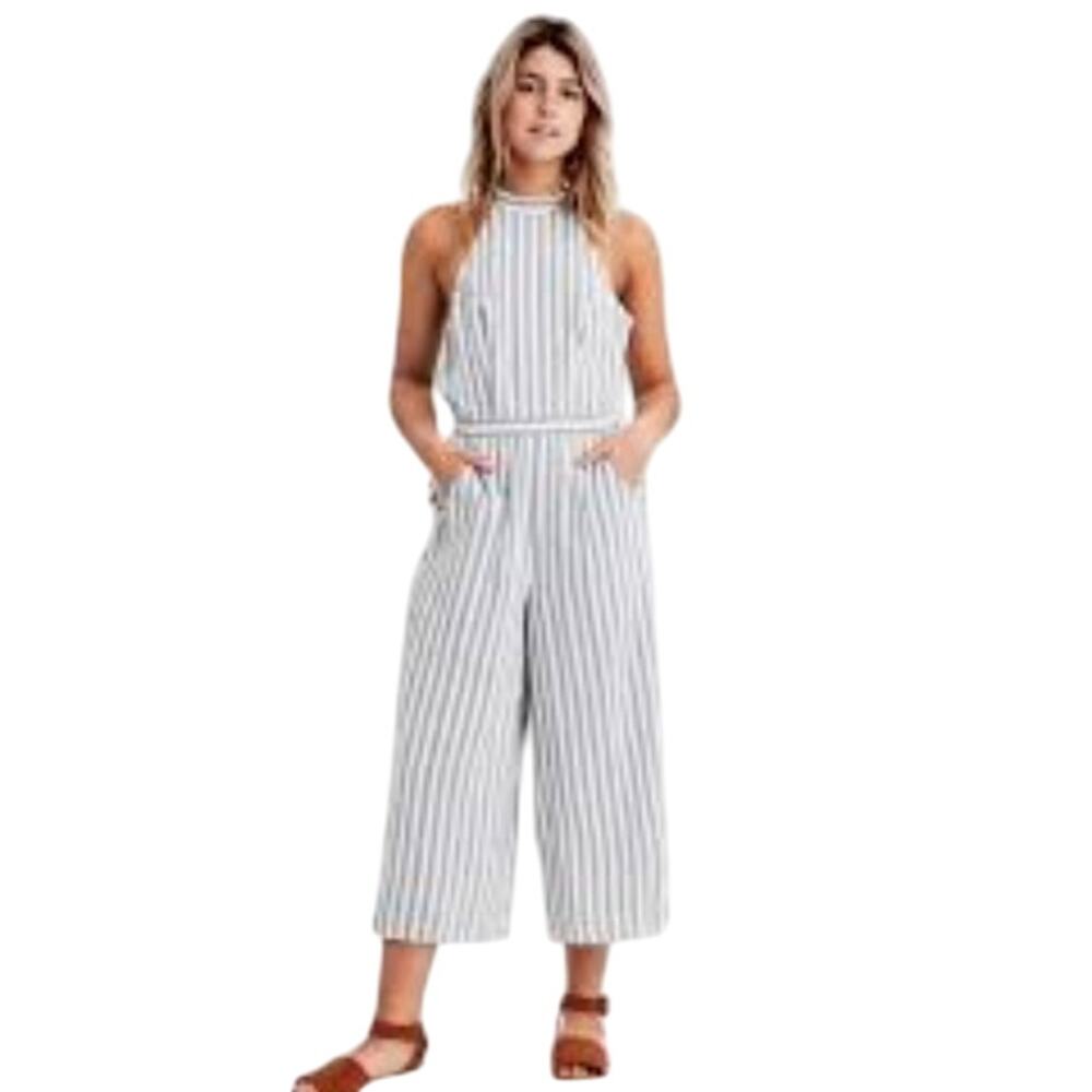 American Eagle Striped Wide Leg Jumpsuit Halter Open Back Size M - Picture 8 of 8